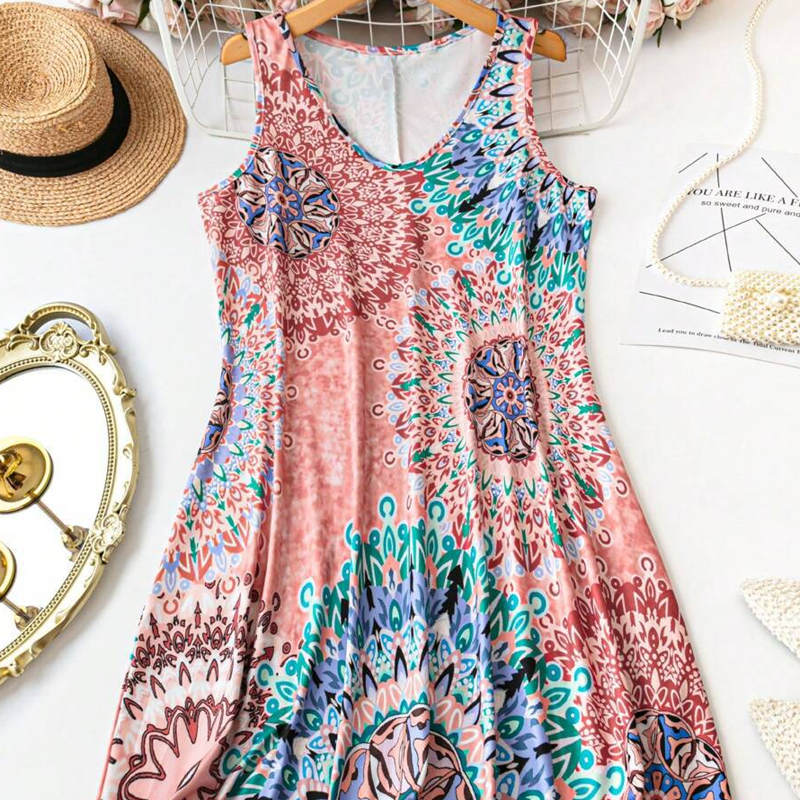Lockeres, ärmelloses Sommerkleid im A-Linien-Schnitt mit Print