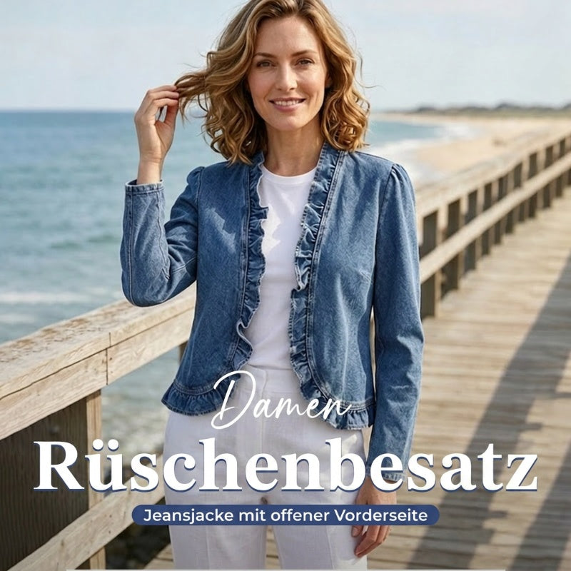 📢📢55 % RABATT !! ⏰Damen-Jeansjacke mit Rüschenbesatz und offenem Vorderteil – Leicht und feminin – Vielseitig und schick