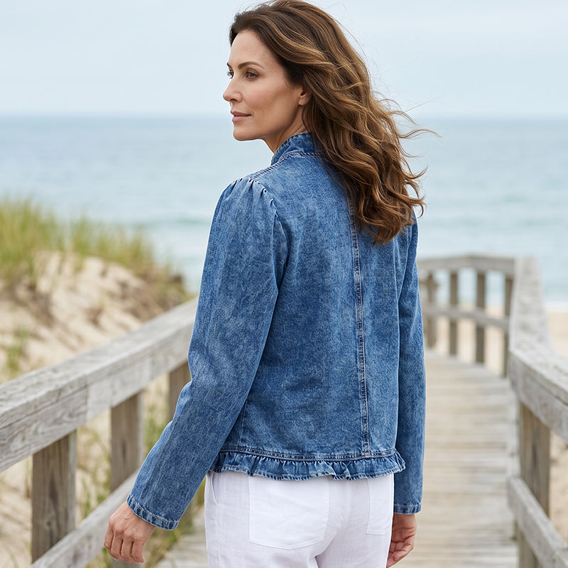 📢📢55 % RABATT !! ⏰Damen-Jeansjacke mit Rüschenbesatz und offenem Vorderteil – Leicht und feminin – Vielseitig und schick