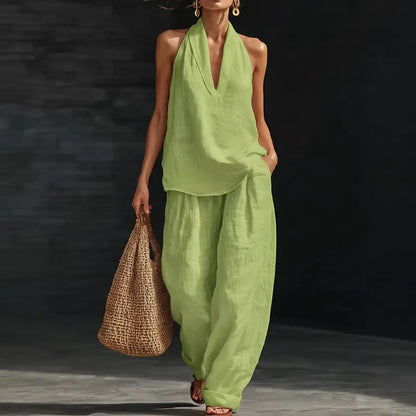 🧚‍♀️ Boho Linen Two Piece Set 🌞 Neckholder Trägertop & Weite Hosen Outfit