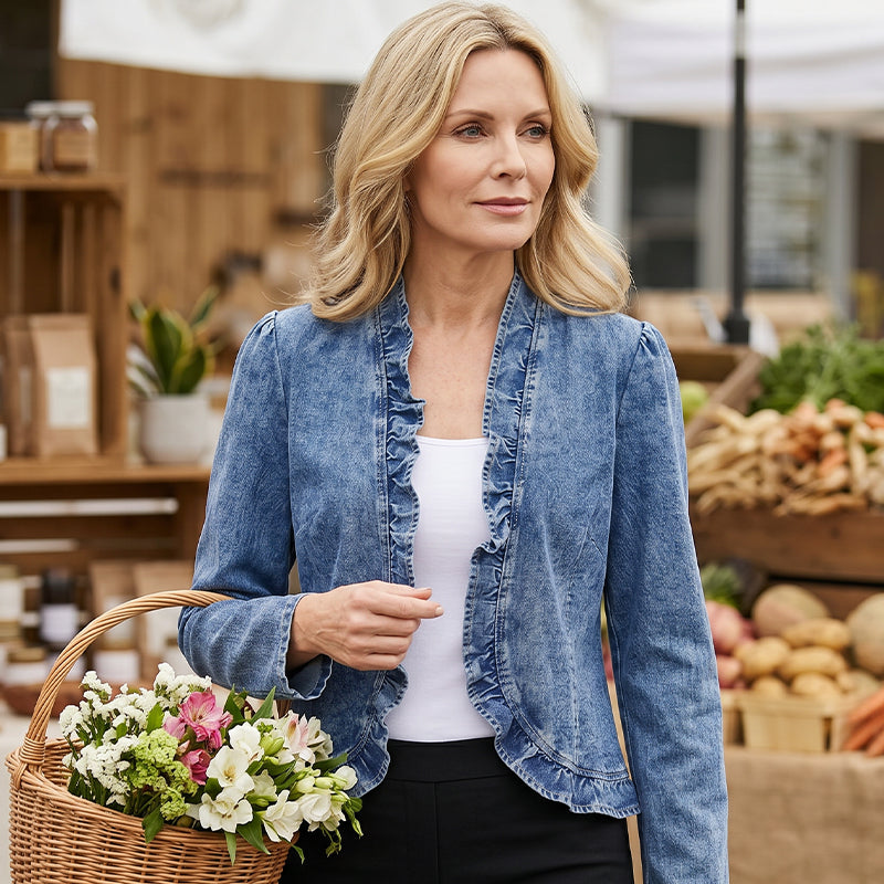 📢📢55 % RABATT !! ⏰Damen-Jeansjacke mit Rüschenbesatz und offenem Vorderteil – Leicht und feminin – Vielseitig und schick