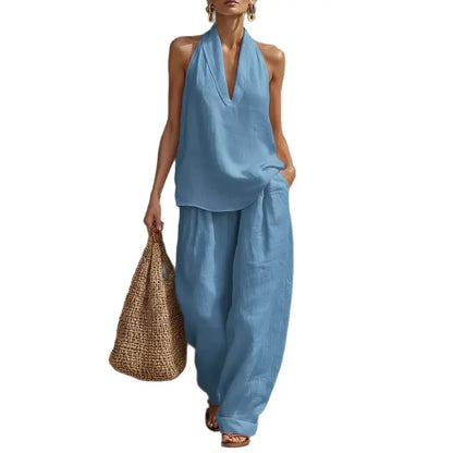 🧚‍♀️ Boho Linen Two Piece Set 🌞 Neckholder Trägertop & Weite Hosen Outfit