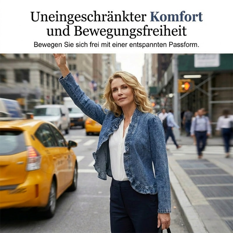 📢📢55 % RABATT !! ⏰Damen-Jeansjacke mit Rüschenbesatz und offenem Vorderteil – Leicht und feminin – Vielseitig und schick