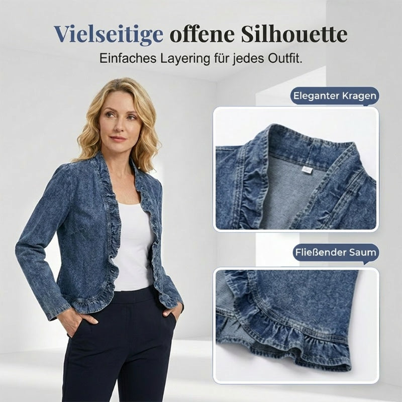 📢📢55 % RABATT !! ⏰Damen-Jeansjacke mit Rüschenbesatz und offenem Vorderteil – Leicht und feminin – Vielseitig und schick