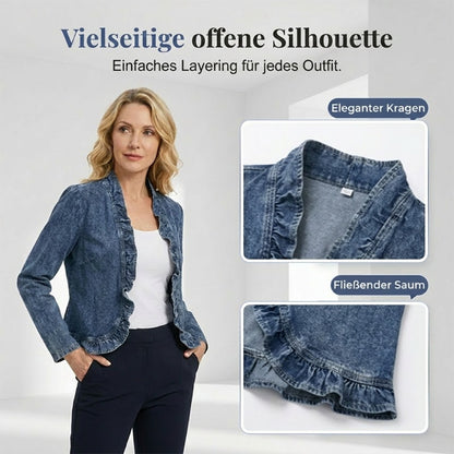 📢📢55 % RABATT !! ⏰Damen-Jeansjacke mit Rüschenbesatz und offenem Vorderteil – Leicht und feminin – Vielseitig und schick