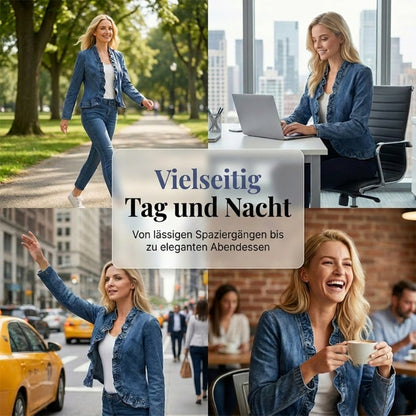 📢📢55 % RABATT !! ⏰Damen-Jeansjacke mit Rüschenbesatz und offenem Vorderteil – Leicht und feminin – Vielseitig und schick