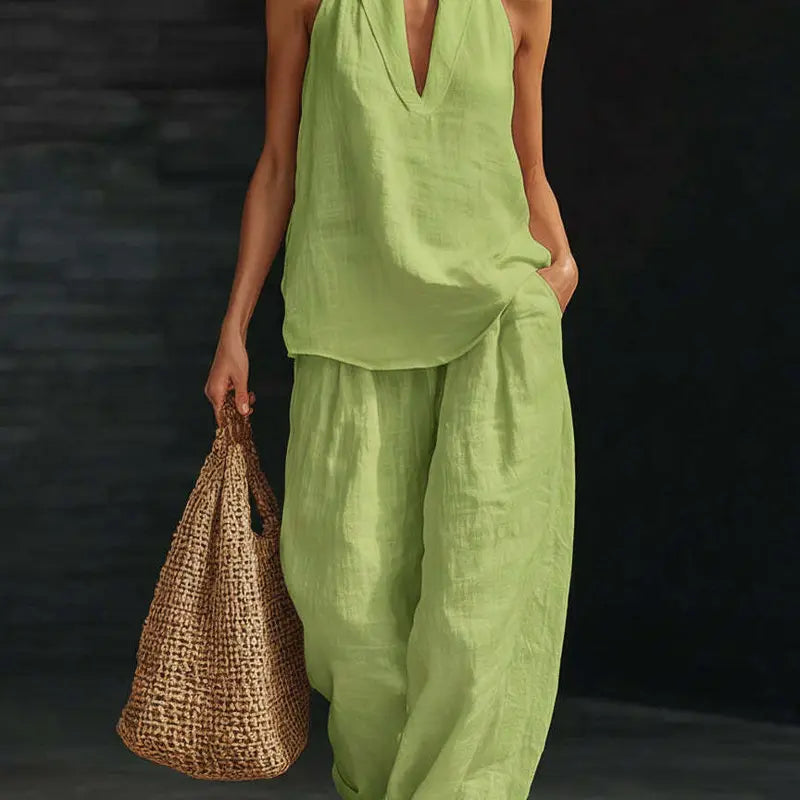 🧚‍♀️ Boho Linen Two Piece Set 🌞 Neckholder Trägertop & Weite Hosen Outfit