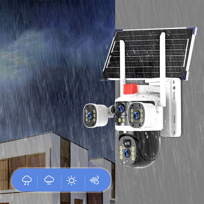 Solarbetriebene 360°-Domekamera mit Dreifachlinse - Laser-Farb-Nachtsicht, Zwei-Wege-Interkom & App-Steuerung | 8MP, 4G/WiFi