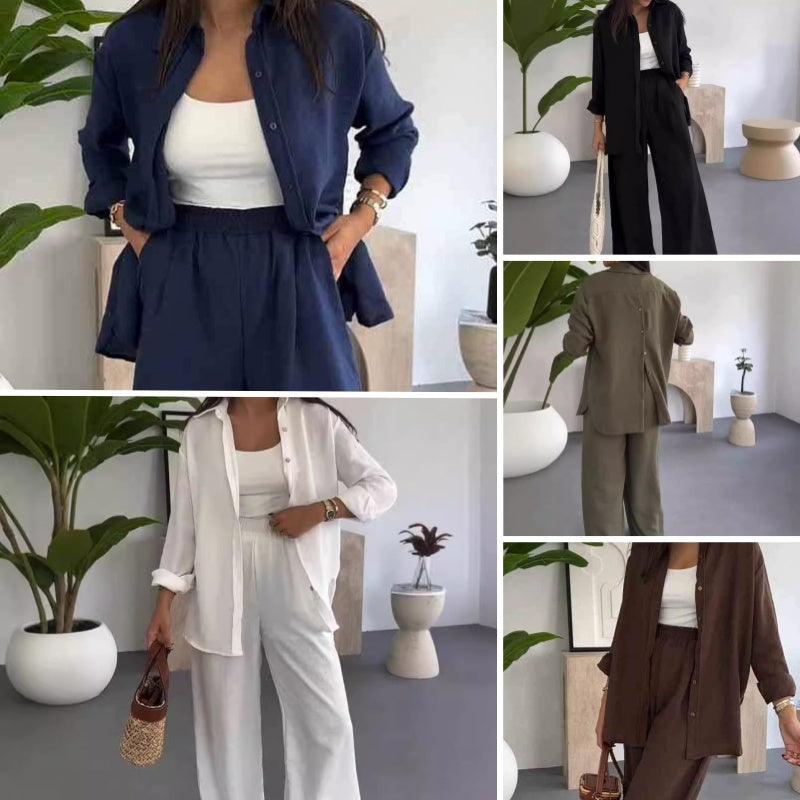 ✨ Solid Color Two Piece Set – Loose Shirt & Wide Leg Pants in perfekter Harmonie. Reduzierte Eleganz für den Alltag.
