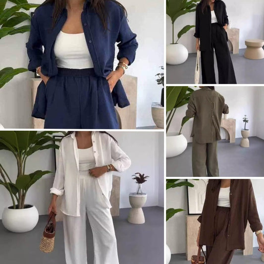 ✨ Solid Color Two Piece Set – Loose Shirt & Wide Leg Pants in perfekter Harmonie. Reduzierte Eleganz für den Alltag.
