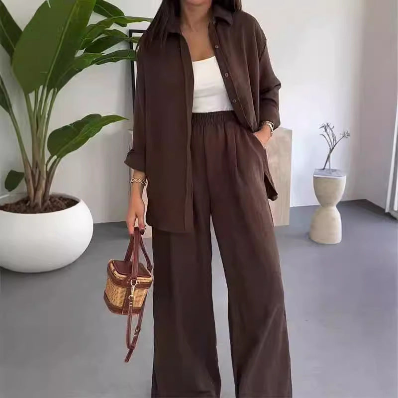 ✨ Solid Color Two Piece Set – Loose Shirt & Wide Leg Pants in perfekter Harmonie. Reduzierte Eleganz für den Alltag.