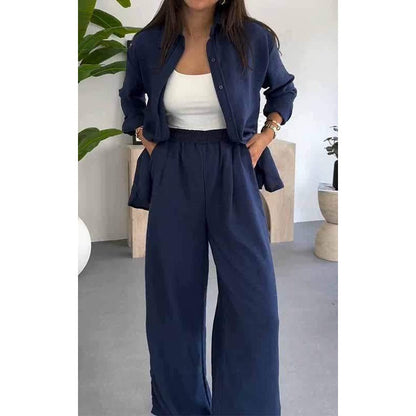 ✨ Solid Color Two Piece Set – Loose Shirt & Wide Leg Pants in perfekter Harmonie. Reduzierte Eleganz für den Alltag.