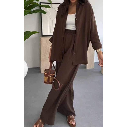 ✨ Solid Color Two Piece Set – Loose Shirt & Wide Leg Pants in perfekter Harmonie. Reduzierte Eleganz für den Alltag.