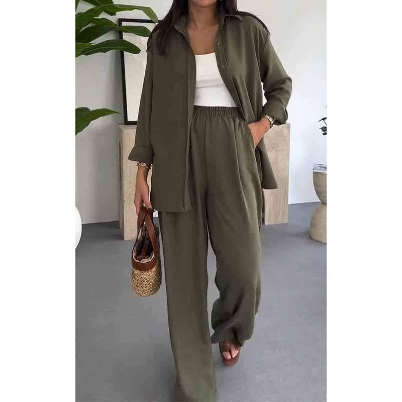 ✨ Solid Color Two Piece Set – Loose Shirt & Wide Leg Pants in perfekter Harmonie. Reduzierte Eleganz für den Alltag.