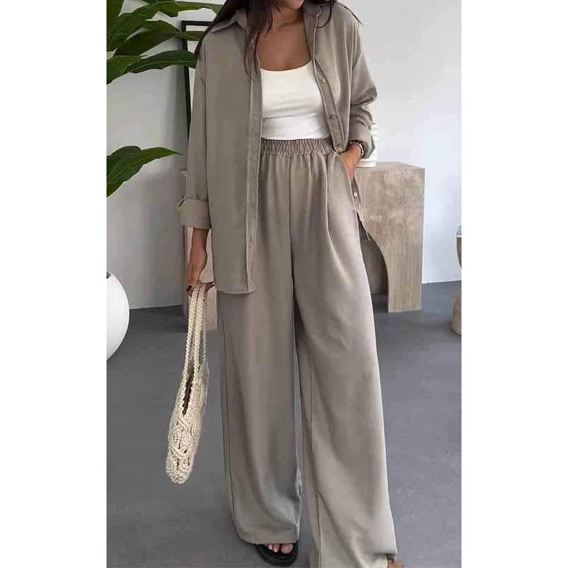 ✨ Solid Color Two Piece Set – Loose Shirt & Wide Leg Pants in perfekter Harmonie. Reduzierte Eleganz für den Alltag.