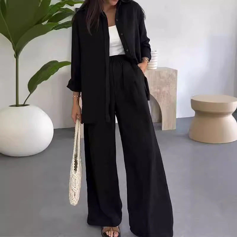 ✨ Solid Color Two Piece Set – Loose Shirt & Wide Leg Pants in perfekter Harmonie. Reduzierte Eleganz für den Alltag.