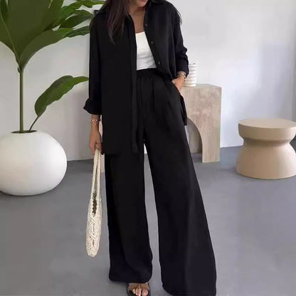 ✨ Solid Color Two Piece Set – Loose Shirt & Wide Leg Pants in perfekter Harmonie. Reduzierte Eleganz für den Alltag.