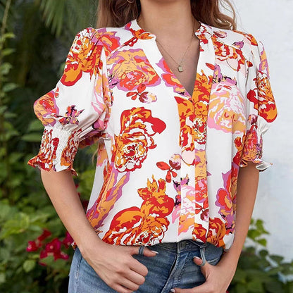 🌸 FLASH-SALE: 50% AUF BLUSEN! 👒 Damen Bluse mit Blumenmuster – Romantische Puffärmel & V-Ausschnitt 💃