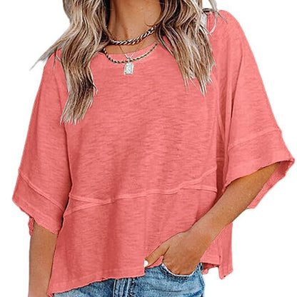 🌸Einfarbiges Patchwork-T-Shirt mit lockeren Fünf-Punkt-Trompetenärmeln🌈