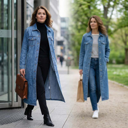 📢📢49 % Rabatt!! ⏰👖【Lange Jeansjacke】—— Zugeknöpft für Eleganz, aufgeknöpft für Flair – ein Kleidungsstück, mit dem Sie den Stil im Frühling und Herbst meistern!🤠💙✨