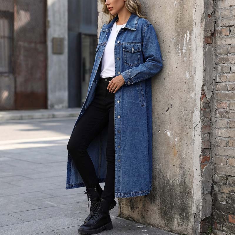 📢📢49 % Rabatt!! ⏰👖【Lange Jeansjacke】—— Zugeknöpft für Eleganz, aufgeknöpft für Flair – ein Kleidungsstück, mit dem Sie den Stil im Frühling und Herbst meistern!🤠💙✨