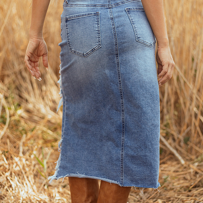 🔥Solange der Vorrat reicht 50 % Rabatt!🎉Damen-Hochbund-Ripped-Denim-Midi-Rock