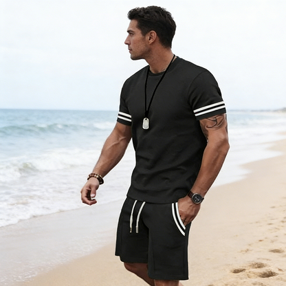 💎 -50% AUF DAS 2-TEILIGE SET FÜR HERREN ! 💎 Gestreiftes T-Shirt & Shorts, Atmungsaktives Material & Kordelzug ✨
