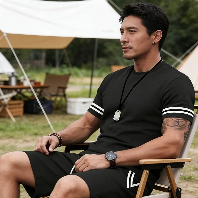 💎 -50% AUF DAS 2-TEILIGE SET FÜR HERREN ! 💎 Gestreiftes T-Shirt & Shorts, Atmungsaktives Material & Kordelzug ✨
