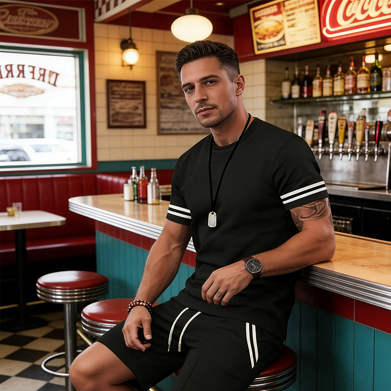 💎 -50% AUF DAS 2-TEILIGE SET FÜR HERREN ! 💎 Gestreiftes T-Shirt & Shorts, Atmungsaktives Material & Kordelzug ✨