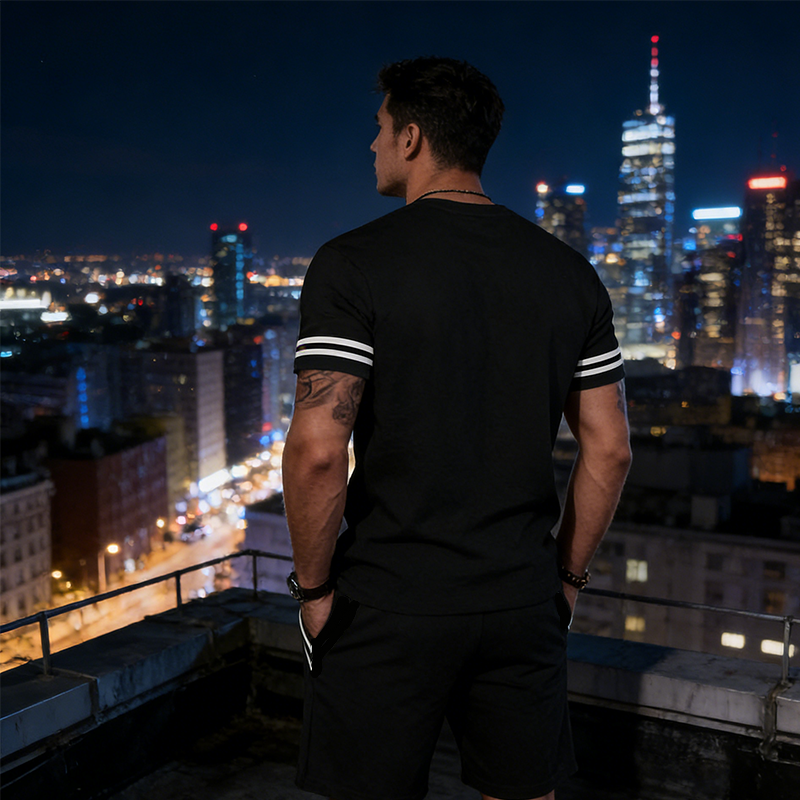 💎 -50% AUF DAS 2-TEILIGE SET FÜR HERREN ! 💎 Gestreiftes T-Shirt & Shorts, Atmungsaktives Material & Kordelzug ✨