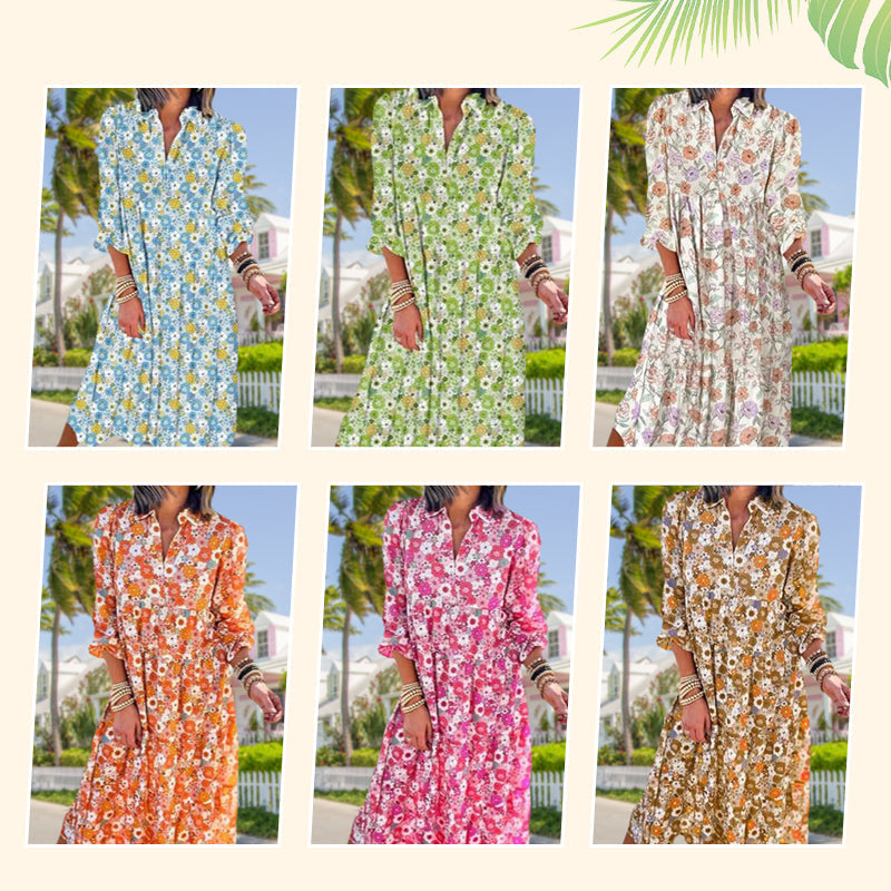 Damen Boho Kleid mit V-Ausschnitt – Locker Geschnitten, Langarm, Florales A-Linien Kleid für Alltag und Freizeit