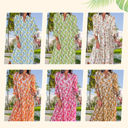 Damen Boho Kleid mit V-Ausschnitt – Locker Geschnitten, Langarm, Florales A-Linien Kleid für Alltag und Freizeit