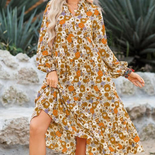Damen Boho Kleid mit V-Ausschnitt – Locker Geschnitten, Langarm, Florales A-Linien Kleid für Alltag und Freizeit