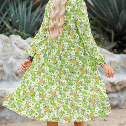 Damen Boho Kleid mit V-Ausschnitt – Locker Geschnitten, Langarm, Florales A-Linien Kleid für Alltag und Freizeit
