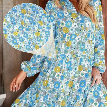 Damen Boho Kleid mit V-Ausschnitt – Locker Geschnitten, Langarm, Florales A-Linien Kleid für Alltag und Freizeit