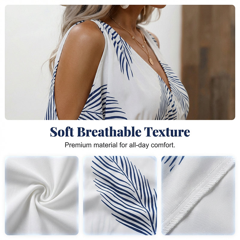 🌺 Neu eingetroffen! Tropisches Maxikleid | V-Ausschnitt + Cold-Shoulder + Gummizug-Taille – Leicht & atmungsaktiv ☀️👗