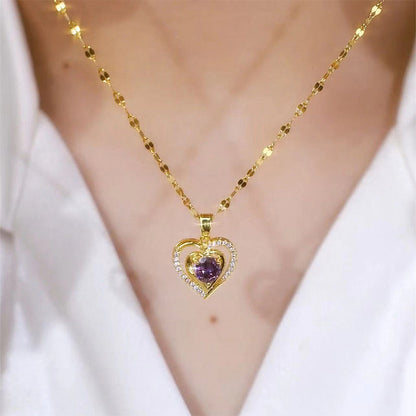 Elegante Halskette mit zwei Herzen und violettem Strassstein