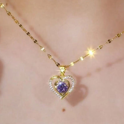 Elegante Halskette mit zwei Herzen und violettem Strassstein