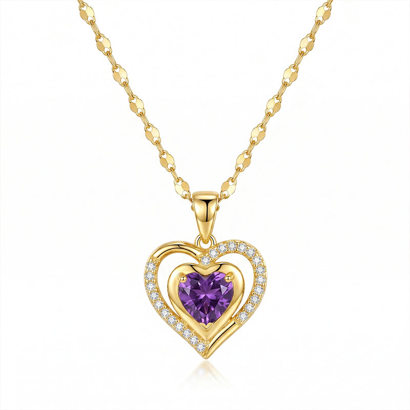 Elegante Halskette mit zwei Herzen und violettem Strassstein