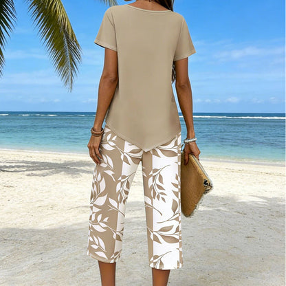 Asymmetrisches Damen-Top & Caprihose, 2-teiliges Set