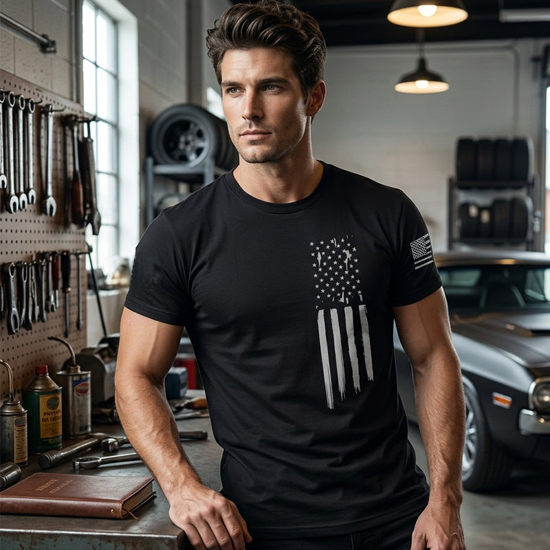 📢📢50 % RABATT!! ⏰Herren-T-Shirt mit Used-Look und amerikanischem Flaggenprint
