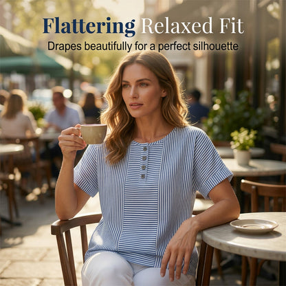 👔✨ 50% RABATT! Damen gestreiftes Henley-Shirt – Bügelfrei, bequem & hautfreundlich – Lässiger Chic für Freizeit, Büro & Urlaub 🌿