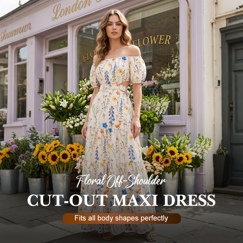 💃Blumenbesetztes schulterfreies Maxikleid mit Cut-Outs🌸✨