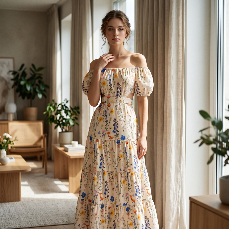 💃Blumenbesetztes schulterfreies Maxikleid mit Cut-Outs🌸✨