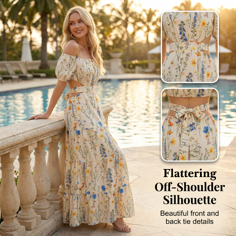 💃Blumenbesetztes schulterfreies Maxikleid mit Cut-Outs🌸✨