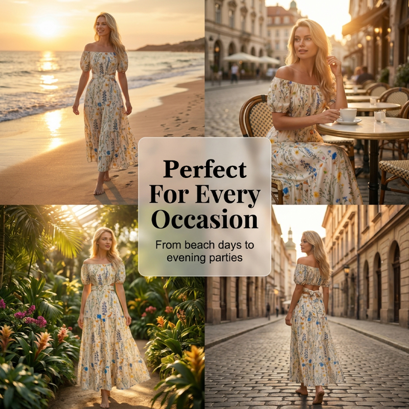 💃Blumenbesetztes schulterfreies Maxikleid mit Cut-Outs🌸✨