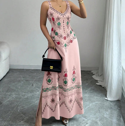 Ärmelloses Kleid mit V-Ausschnitt, Blumenmuster und Schlitz