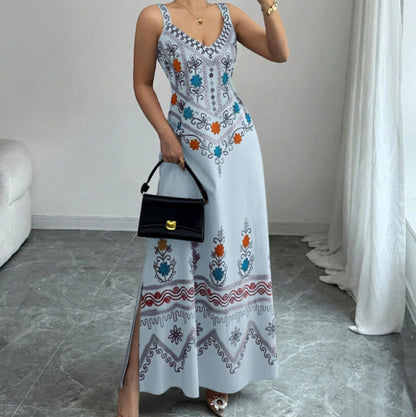 Ärmelloses Kleid mit V-Ausschnitt, Blumenmuster und Schlitz