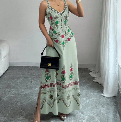 Ärmelloses Kleid mit V-Ausschnitt, Blumenmuster und Schlitz