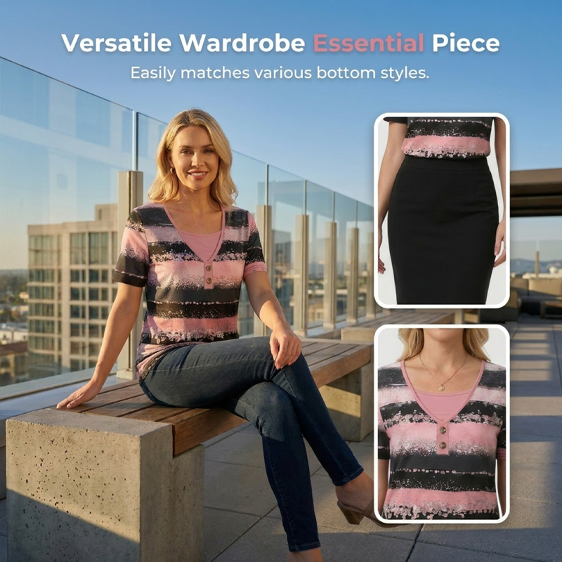 👚 50 % RABATT! 👕 Gestreiftes Henley-Shirt aus Kunstleder – Zweiteiler-Look – Weich, luftig und perfekt zum Kombinieren oder solo – lässiger Chic für Frühling und Sommer 🌸